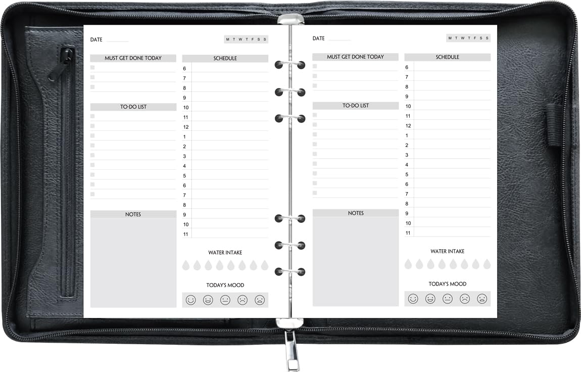 Fan&Ran Zipper Planner Organizer, Undated Starter Set Simulated Leather Cover, 6-Ring Binder, A5, Black