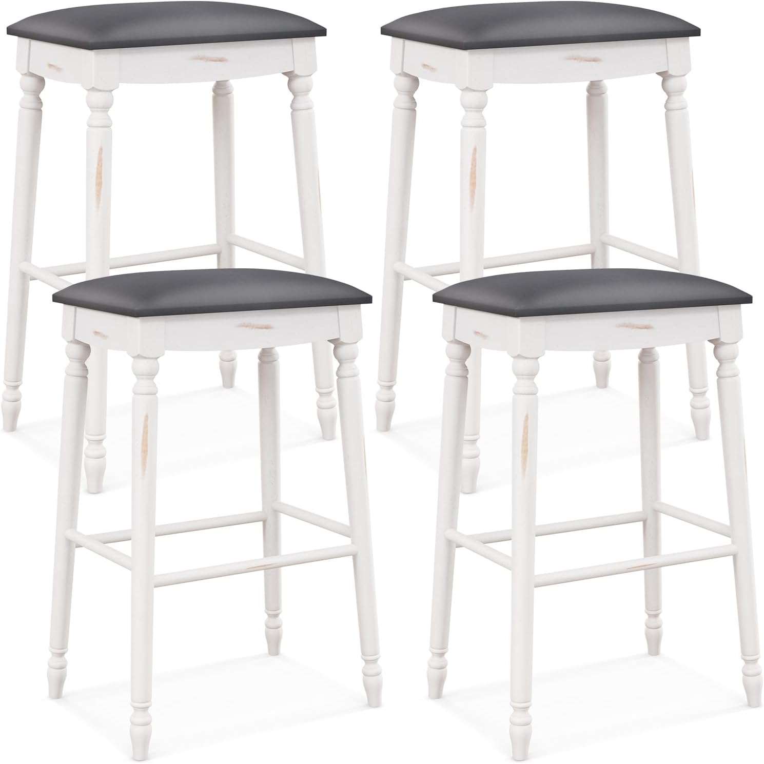 Giantex Juego de 4 taburetes de bar de 29 pulgadas de altura de barra con asiento acolchado, patas de madera de goma, reposapiés y superficie