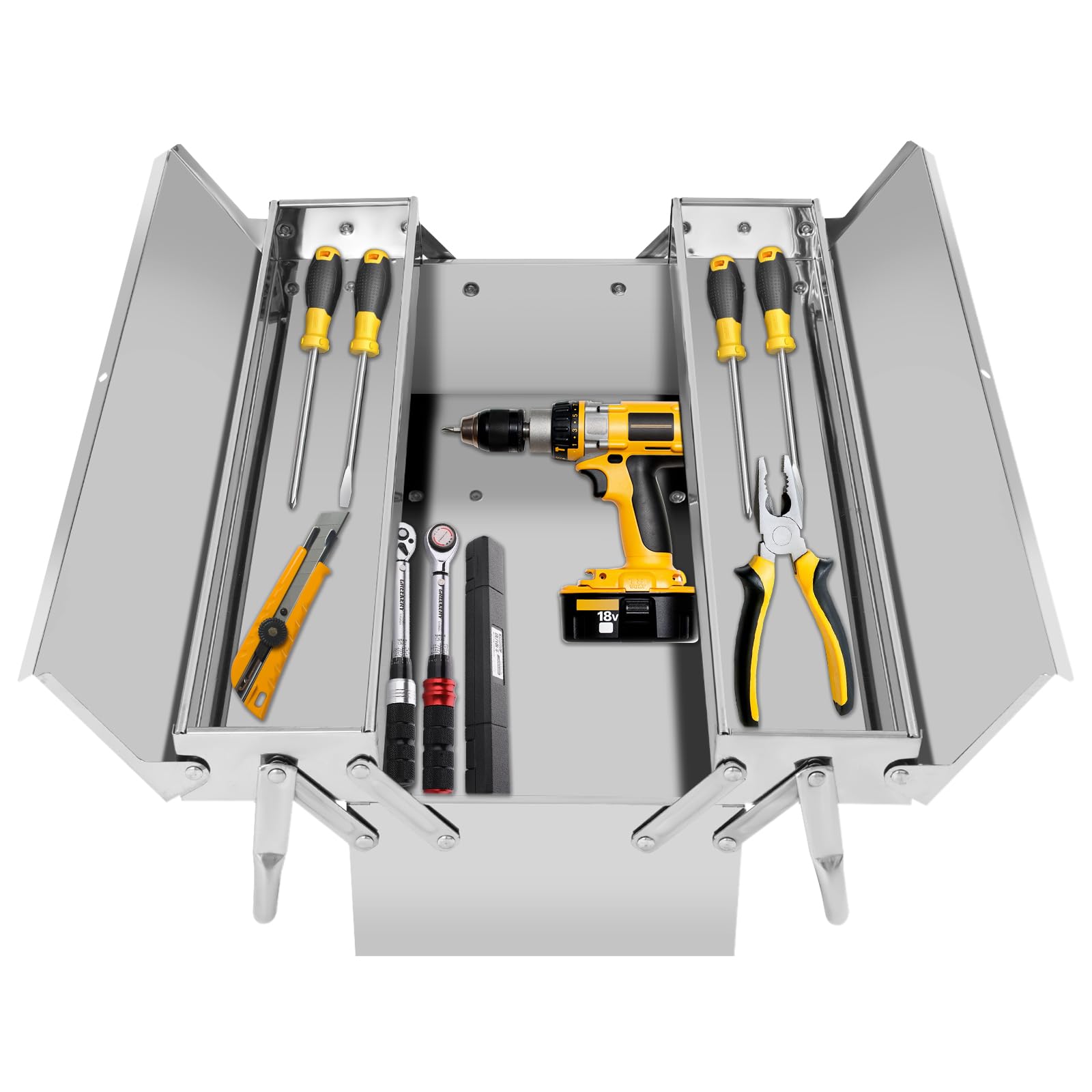 Metal Cantilever Tool Box, 2-Tier 5 Tray Portable Tool Storage Box Organizers, 21Inch Fold Out Stainless Steel Tool Box for Home Studio Auto Repair Factory