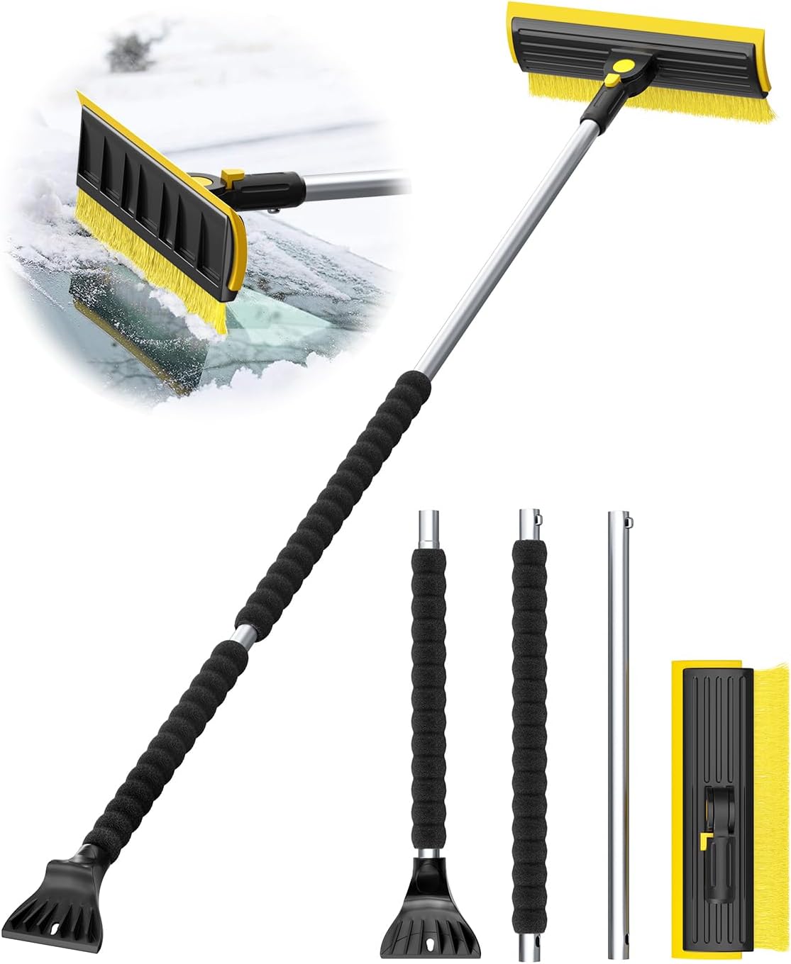 helloleiboo 2025 Extra Long 55.7" Ice Scrapers for Car Windshield Multi-Functional Detachable Car Ice Scraper with Foam Grip and 270° Pivoting Brush Head Snow Brush for SUV Truck Auto(Yellow)