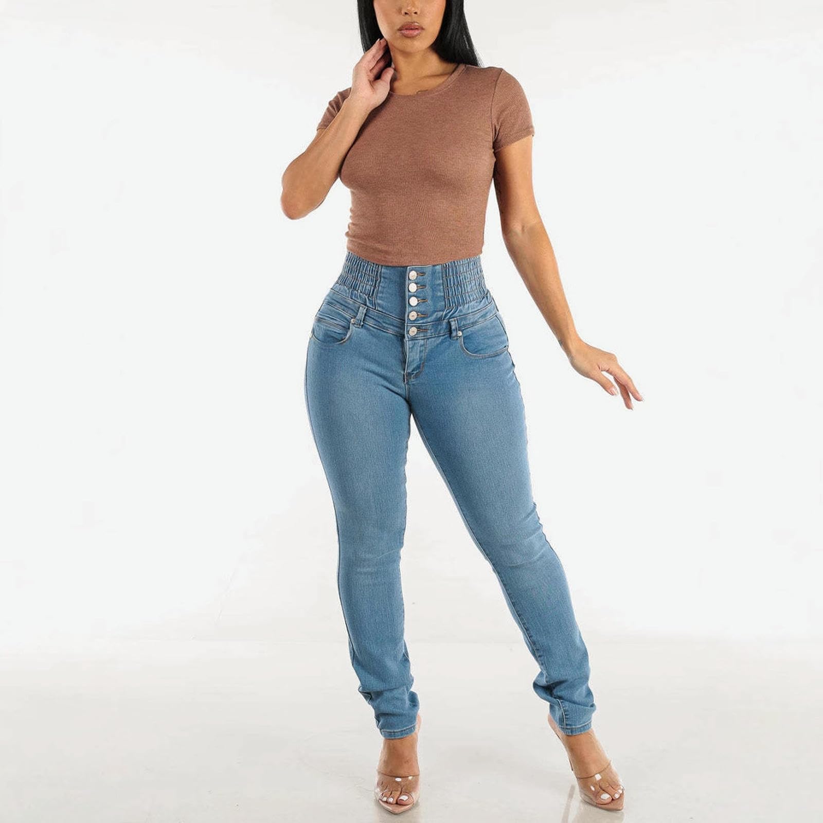 Jeans da Donna con Sollevamento Dell'anca Elasticizzati E vestibilità Skinny A Vita Alta, Pantaloni Skinny-Azzurro-XXL
