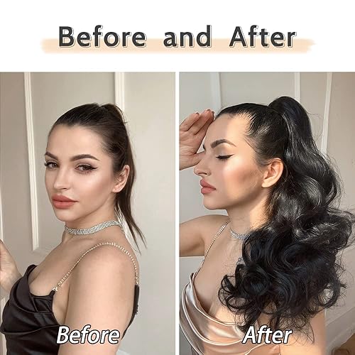 Miniatura 3 de Peluca de cola de caballo negra, extensiones de cabello ondulado de 20 pulgadas, extensiones de cabello sintético sintético esponjoso y rizado con