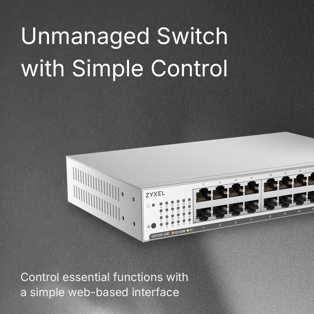 Zyxel Switch Ethernet de 24 Puertos | Unmanaged Gigabit | GS1100-24E | 24x Puertos GbE, Sin Ventilador, Kit de Montaje en Rack Incluido, Doble Puerto SFP, Compatible con MDI/MDI-X Automático