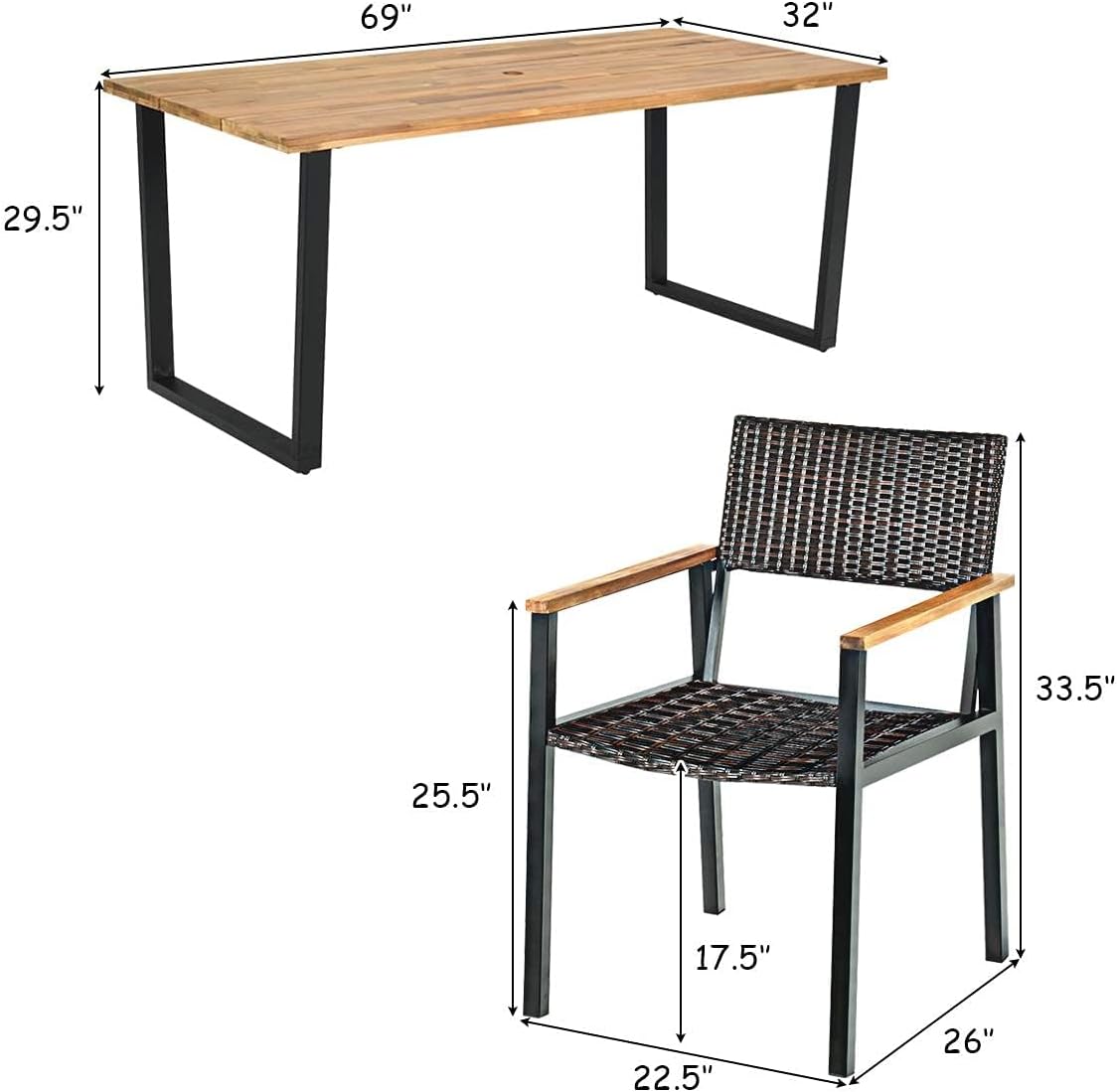 HAPPYGRILL 7 Pieces Wood Rattan Patio Dining Set, Outdoor Dining Furniture Set with Rectangle Table Wicker Chairs, Acacia Wood Tabletop with Umbrella Hole, Dining Set for Garden Backyard