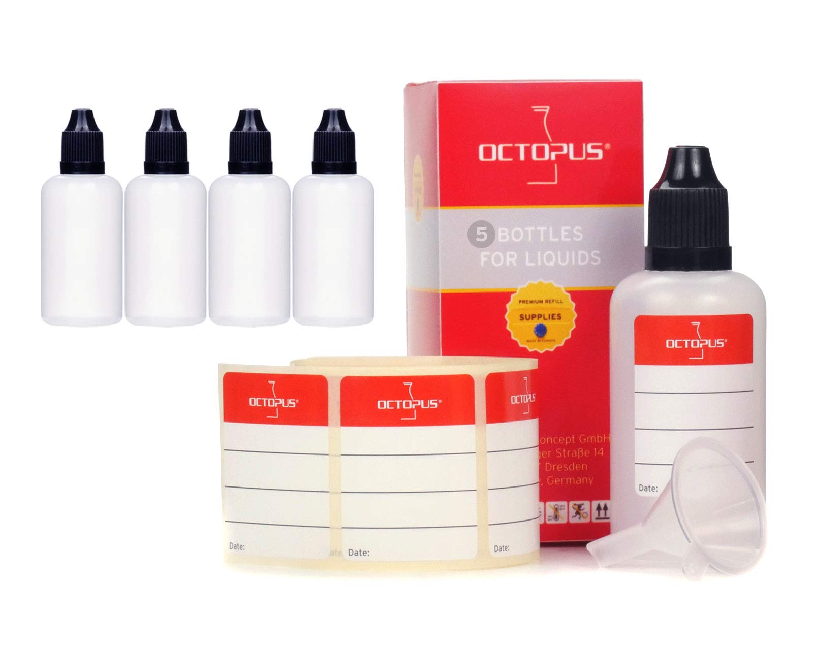 Octopus Black,Transparent 5 X 50 Ml Dropper Bottles For Dosing Liquids, E-Liquids, Eye Drops, Empty Ldpe Plastic Bottles Transparent, Plastic Bottles With Black Dripping Caps, With Child Safety Lock, Incl. 5 Labels