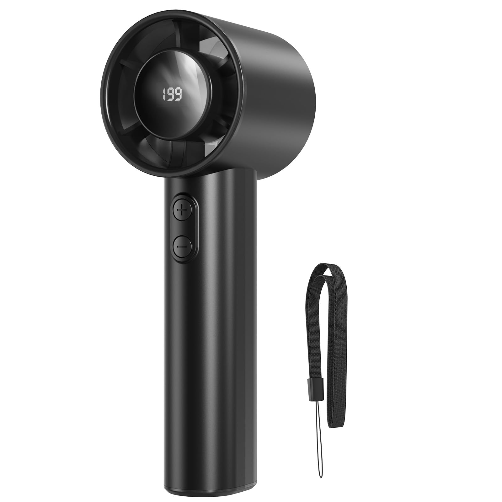 Ventilador de Mano Recargable, Velocidad Ajustable (1-199), hasta 13 Horas de Funcionamiento, Pantalla Digital, Compacto para Viaje, Oficina, Hogar y Exterior, Negro