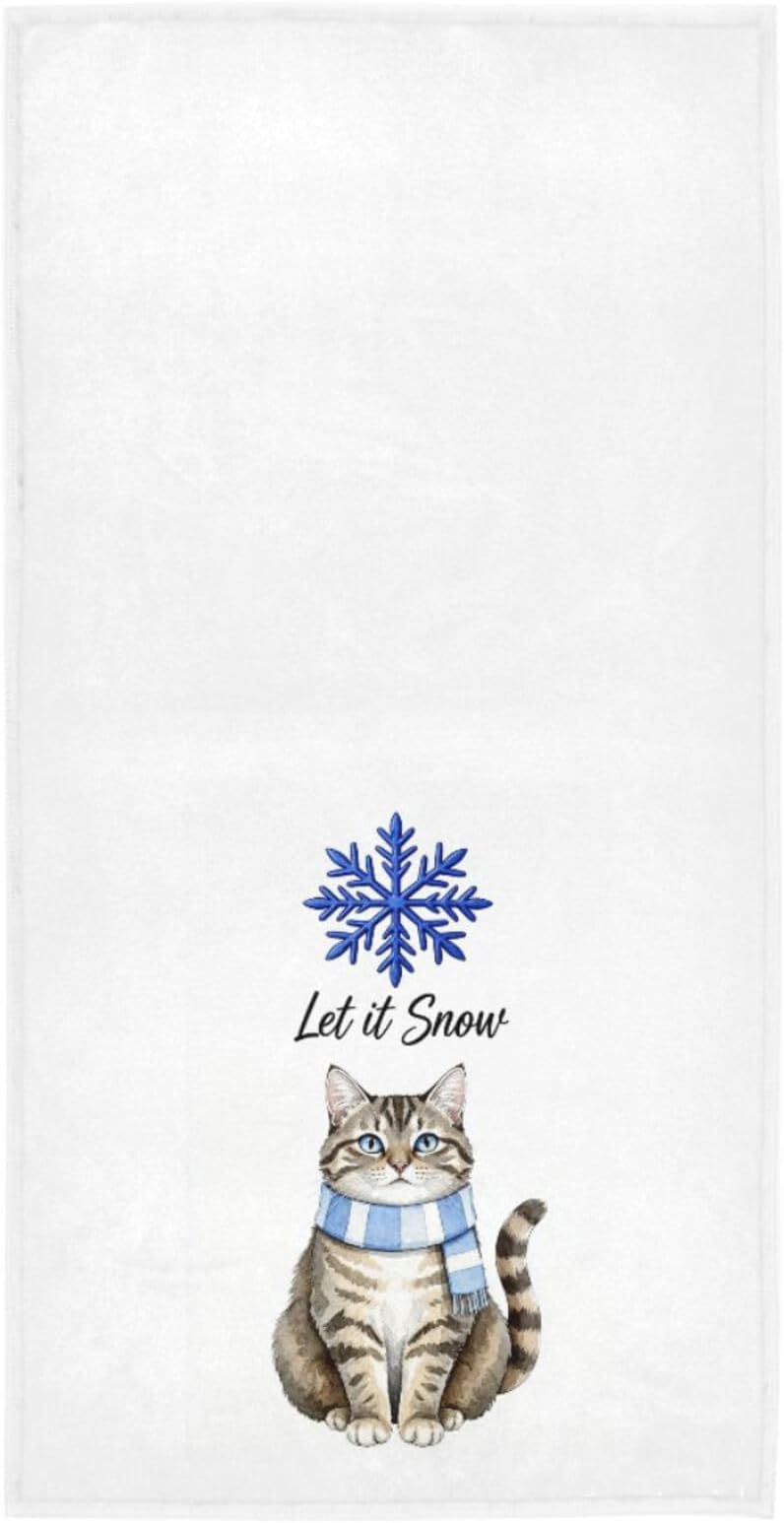 Pfrewn Cat with Scarf Blue Snowflake Hand Towels 16x30 in Bathroom Towel, Let is Snow Winter Ultra Soft Highly Absorbent Small Bath Towel for Hand,Face,Gym and Spa Christmas Bathroom Decor