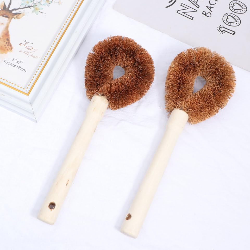 Image of Housoutil Kitchen Cleaning Brush Coconut Coir Pot Brush with Wooden Handle Non-Skid Scrubber for Dish Pan and Cookware Cleaning 9.05X3.34X1.57In