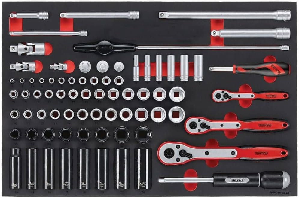 Teng Tools 76 Piece Mixed Drive 6 Point Regular/Shallow, Deep & Impact Foam Socket Set - TTESK77, Silver