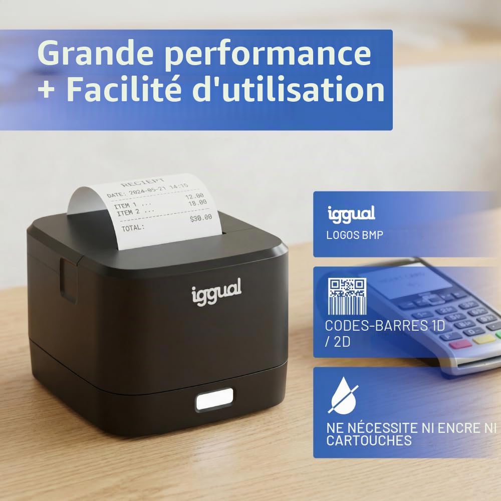 iggual Imprimante thermique de tickets TP Easy 58 - Connexion USB + RJ11, 58 mm d'impression, vitesse 90 mm/s, 203 x 203 dpi, Windows 11/10/8/7/Vista/XP/2000/JPOS/Linux, SDK Android, iOS, Windows (139