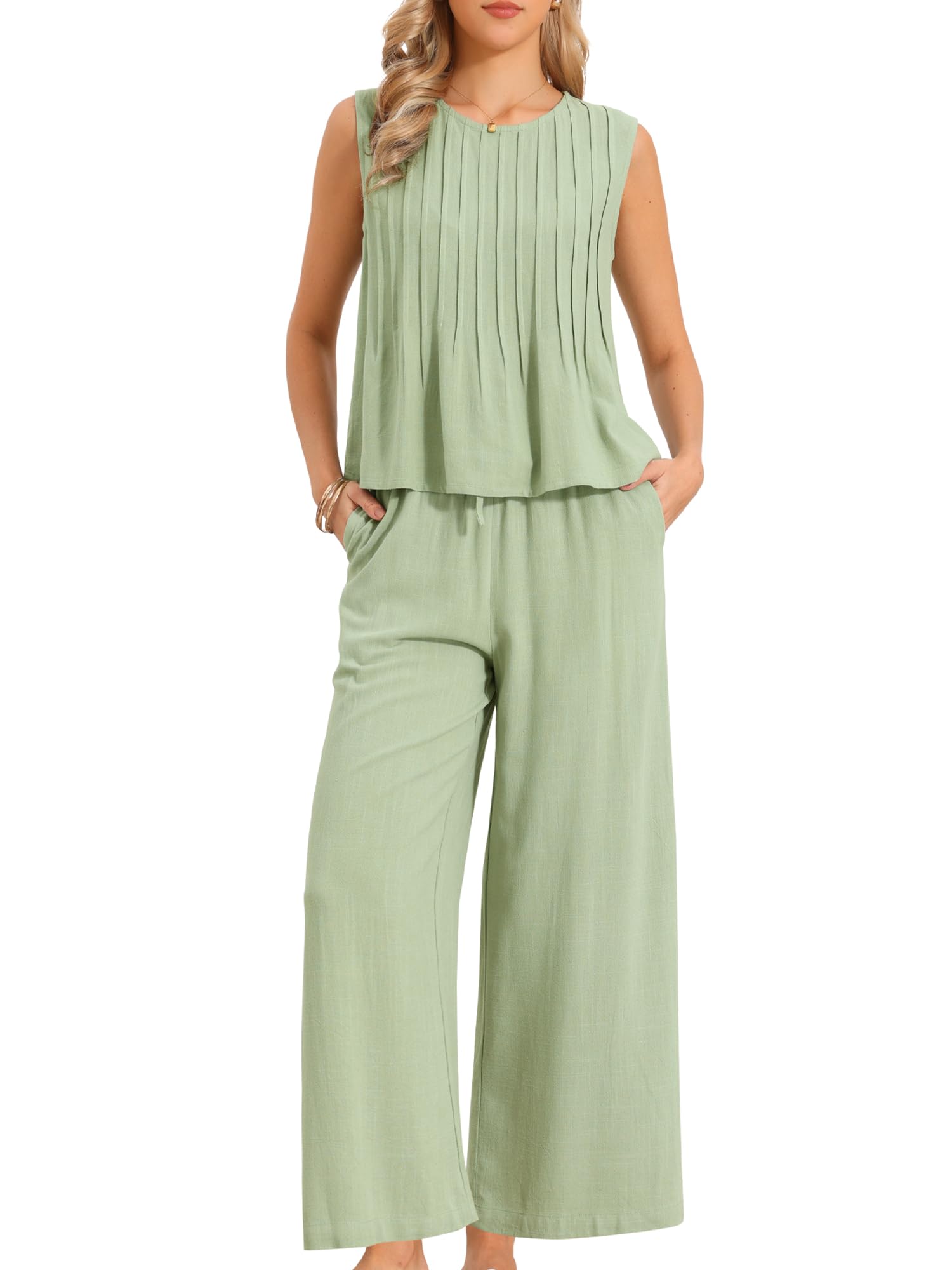Allegra K Ensembles Décontractés 2 Pièces pour Femmes Été Pantalon Débardeur Plissé Léger Pantalon Large à Cordon de Serrage