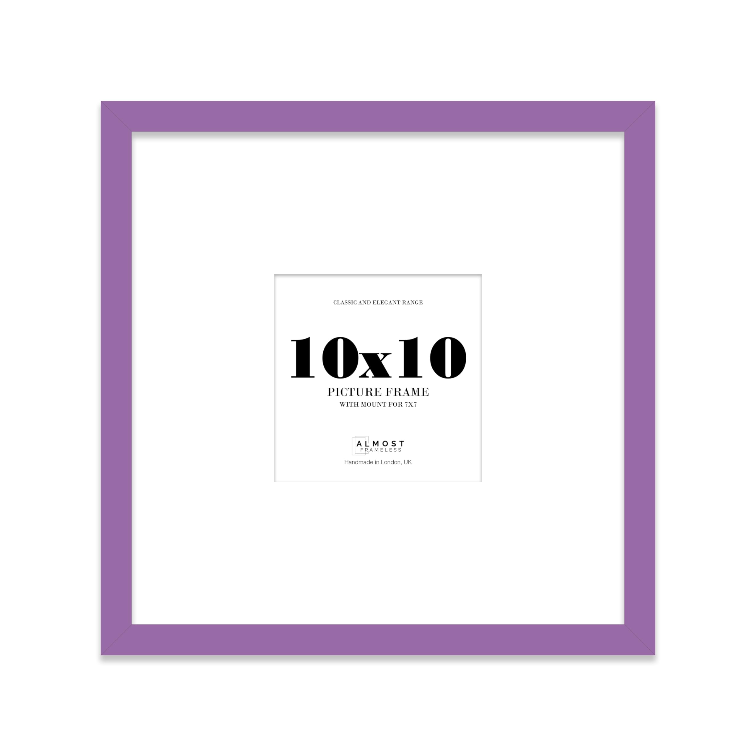 Almost Frameless 10x10 Square Picture Frame, Display Pictures 7x7 With Mat or 10x10 Without Mat, Wall Hanging & Free Standing Photo Frame, Purple, 1 Pack