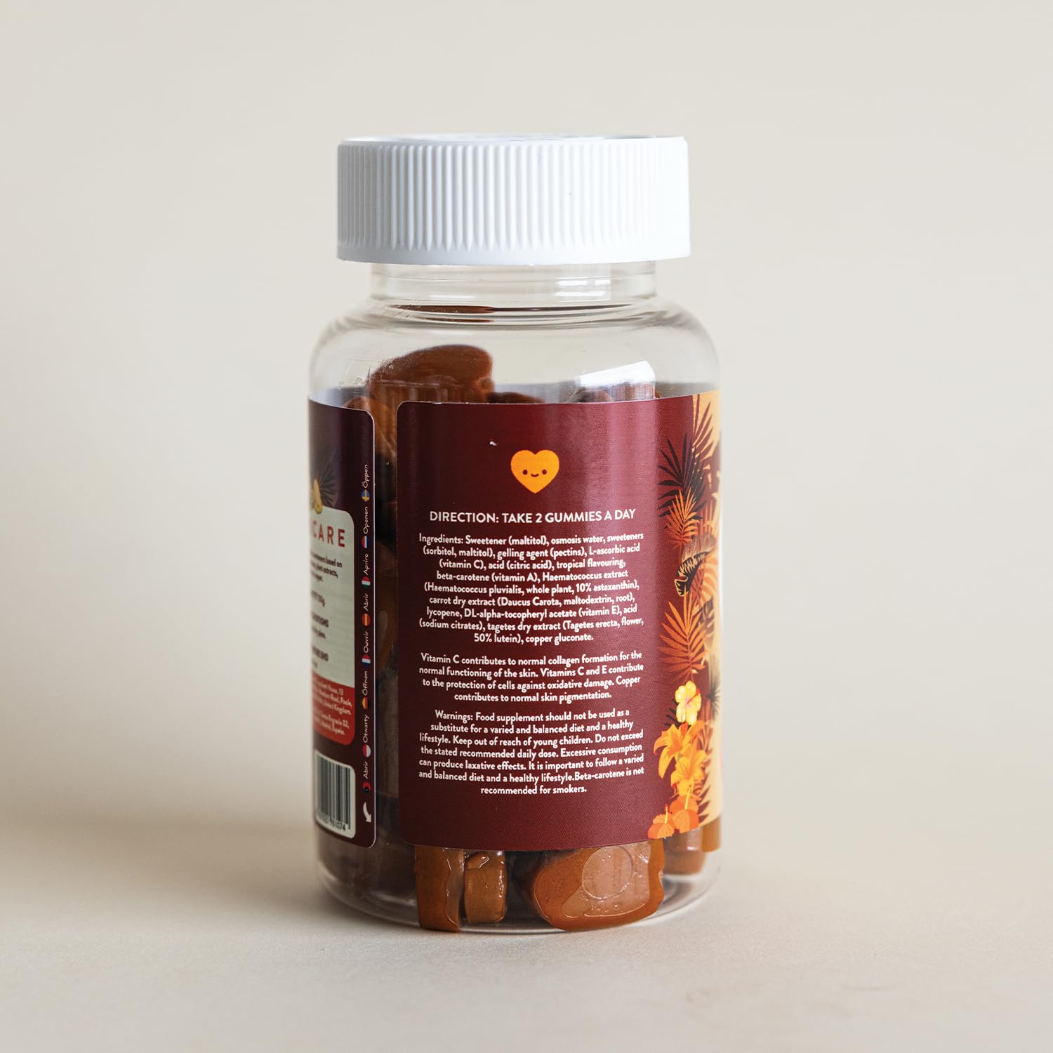 Gummies Solaire Autobronzant au Beta Carotene, Astaxanthine, Luteine, Lycopene et Cuivre – Gummies (Bonbons) Bronzage pour une Peau Dorée et Protegee – 60 unités – Sans Sucre – Sans Gluten