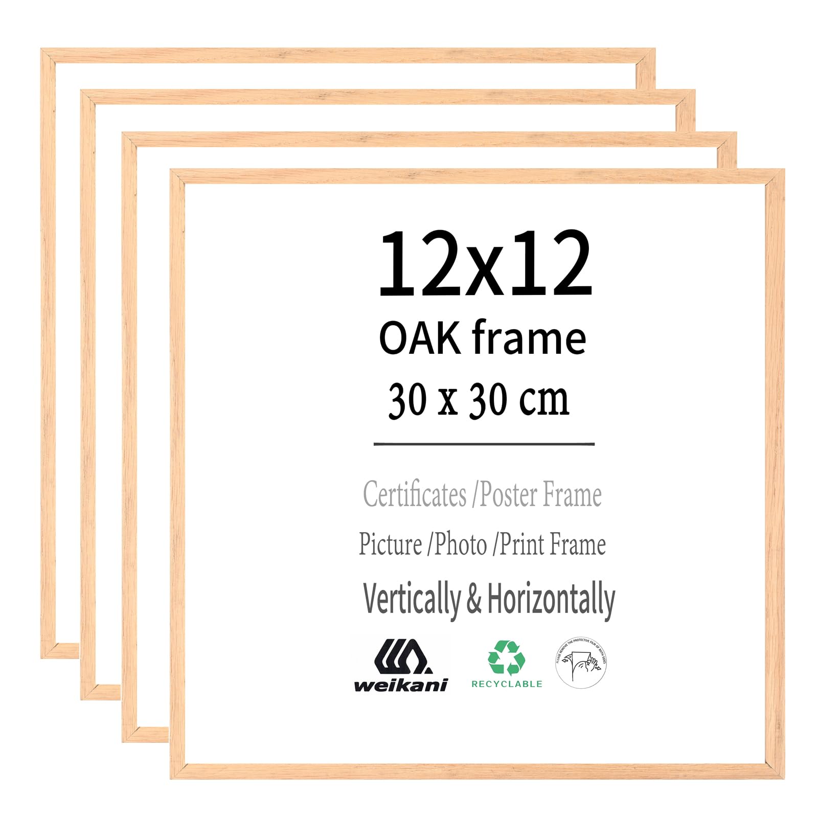 Weikani Wooden Picture Frame, Pack of 4, 30 x 30 cm, Oak Wood Photo Frame, Certificate Frame with Plexiglass for Wall Mounting or Table Stand