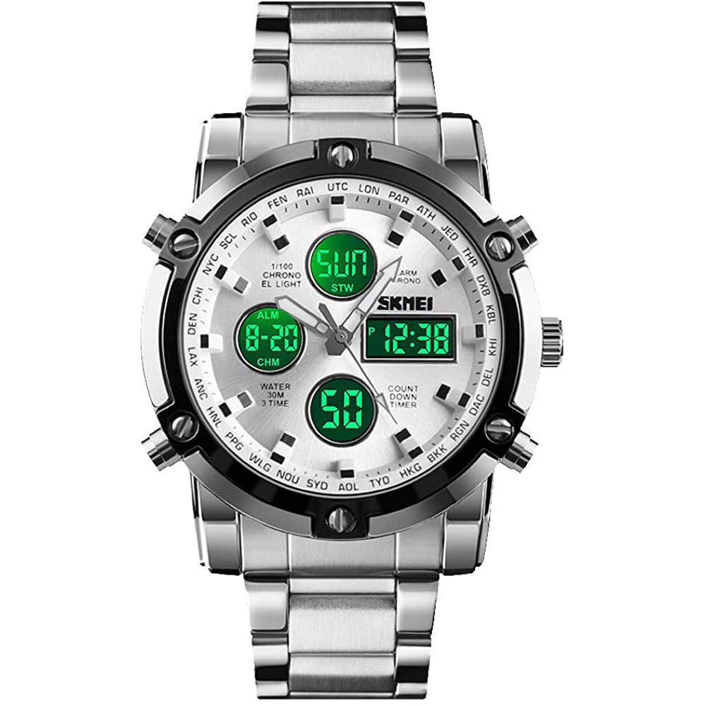 MASTOP Reloj de pulsera analógico digital de acero inoxidable de lujo, resistente al agua hasta 50 m, doble pantalla, doble hora, cuarzo, multifuncional, con cronómetro, alarma, retroiluminación LED