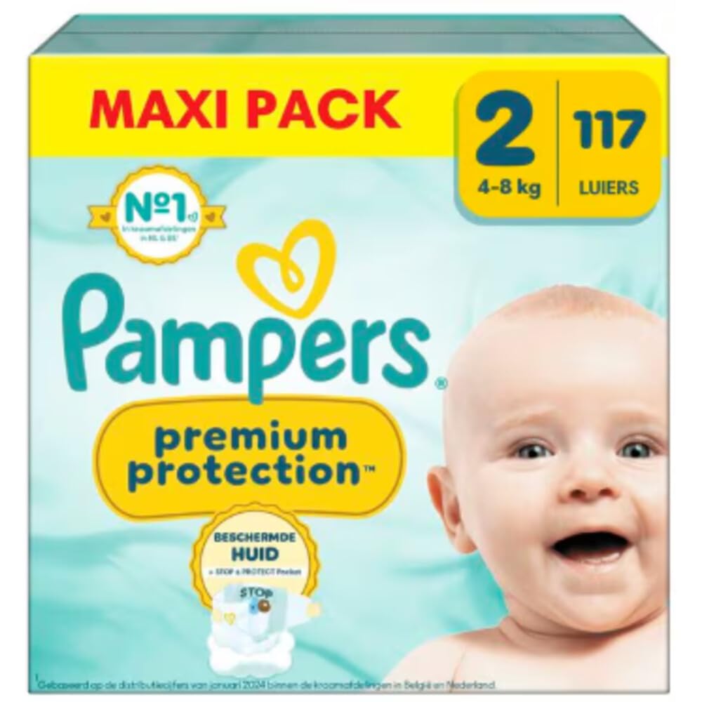 Pampers Premium Protection Size 2, 117 Nappies, 4kg-8kg, Double Protection for Skin and Against Leaks
