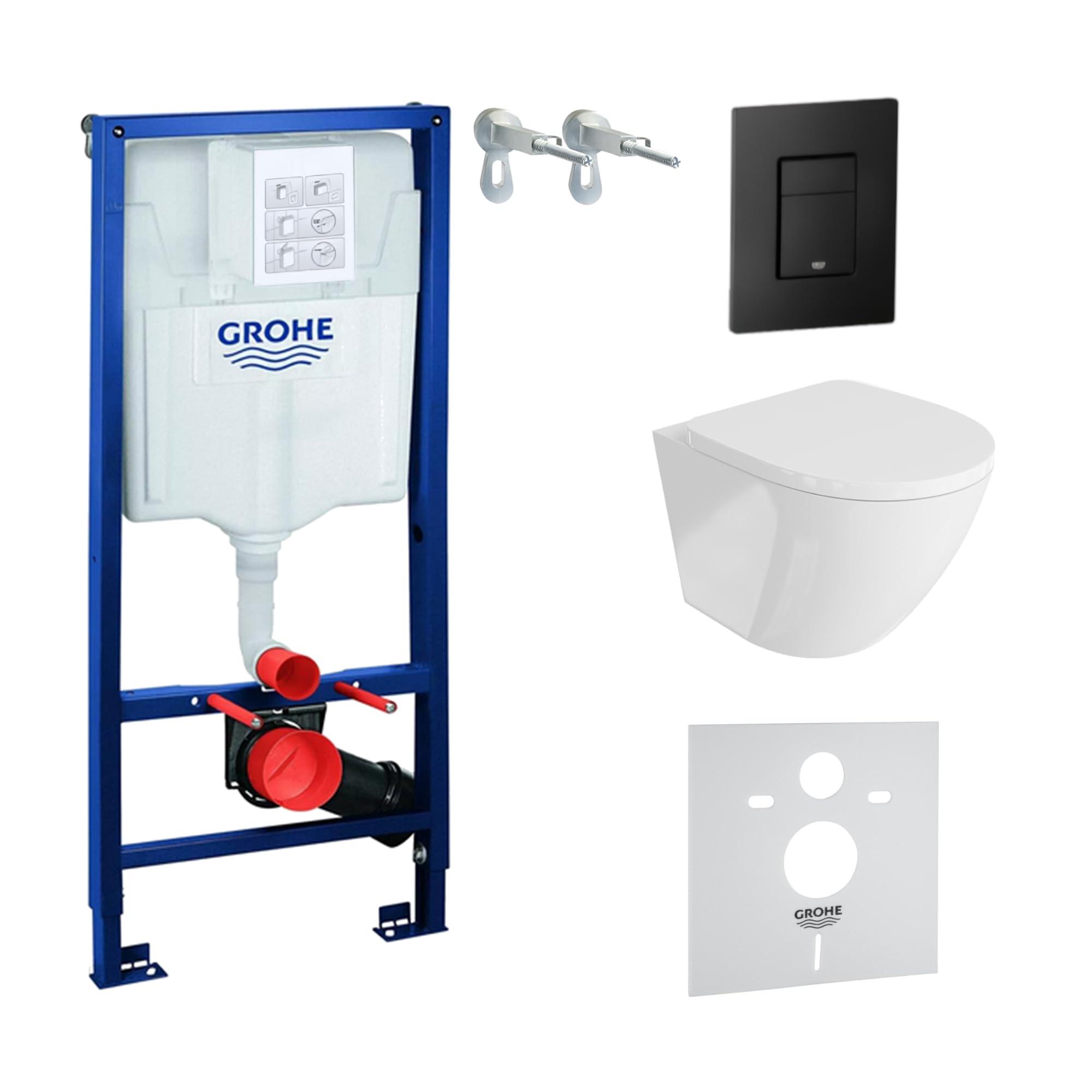 Lavita Vorwandelement Solido + Wand Hänge WC Sofi Weiß Spülrandlos + WC Sitz mit Absenkautomatik Schwarzer Knopf Komplettset Unterputz Spülkasten Toilette Komplett Sett WC