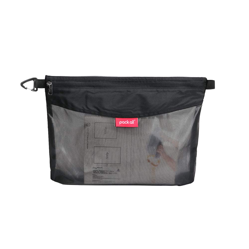 pack all Bolsa con Cremallera de Malla Resistente al Agua, 26 × 36 cm, L | Con Gancho, Malla TPU Semitransparente, Para Artículos de Viaje, Oficina y Uso Diario, Ideal para Maleta y Mochila, Negro