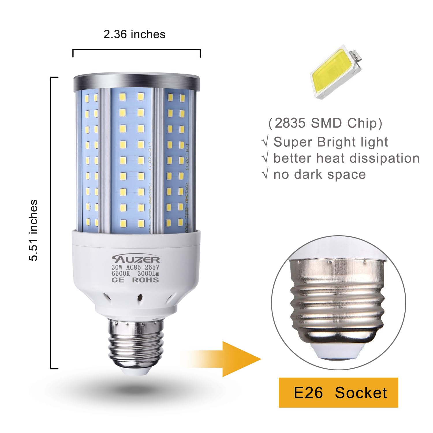Auzer 30W (200W Equivalent), Daylight, E26 Standard Base, LED Corn
