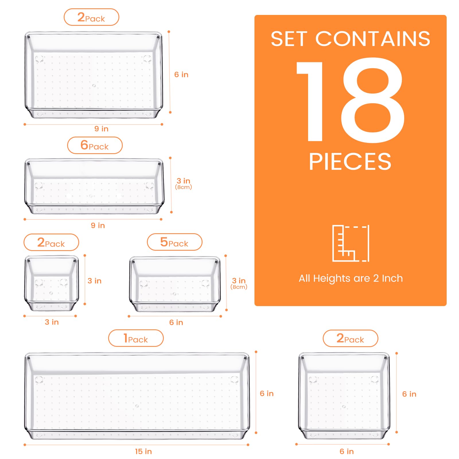 Criusia Organizer per cassetti, confezione da 18 contenitori in plastica trasparente, versatili per organizzare e riporre oggetti, per cucina, bagno, trucco e ufficio
