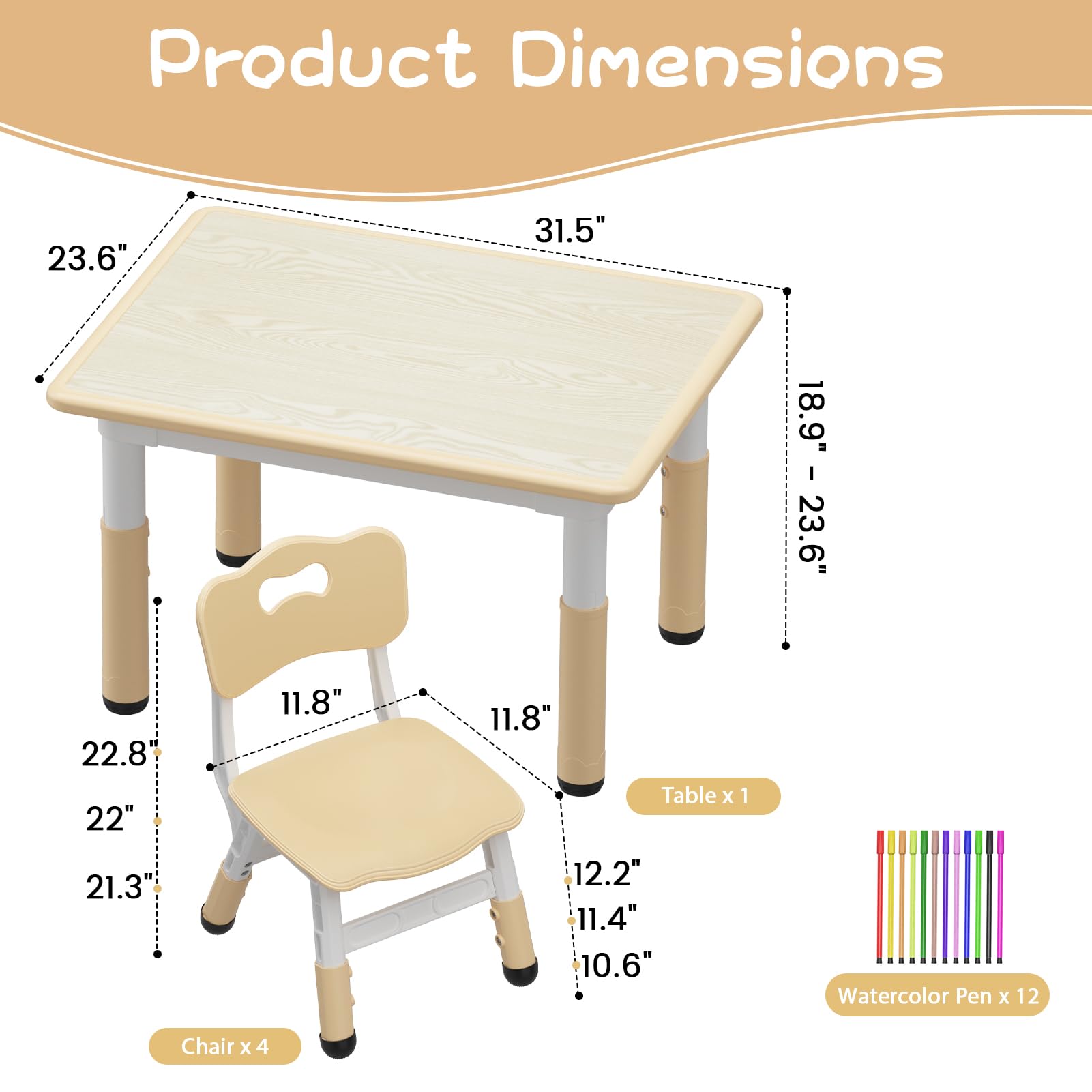 Table Enfant avec 4 Chaises, Ensembles de Table et Chaise Enfant pour Maternelle Creche,Réglables en Hauteur,avec Plateau Graffité et Coussin Anti-dérapant—Couleur Bois