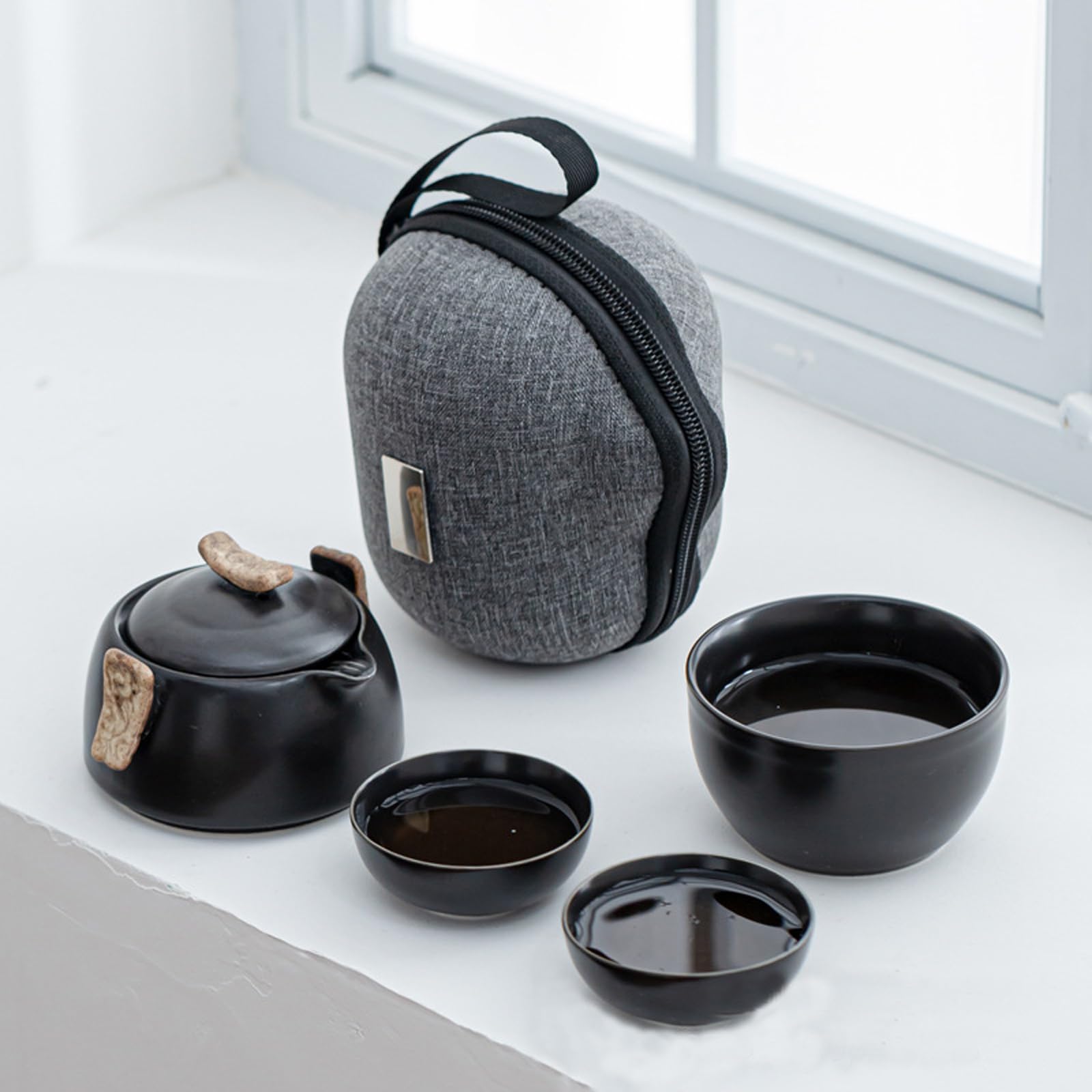 KEYDUACU Portable Ceramic Tea Set - Includes 1 Teapot, 3 Teacups, and Carrying Case - Authentic Japanese casual Tea Set for Home and Outdoor Use - Ideal for Gifting(BLACK)