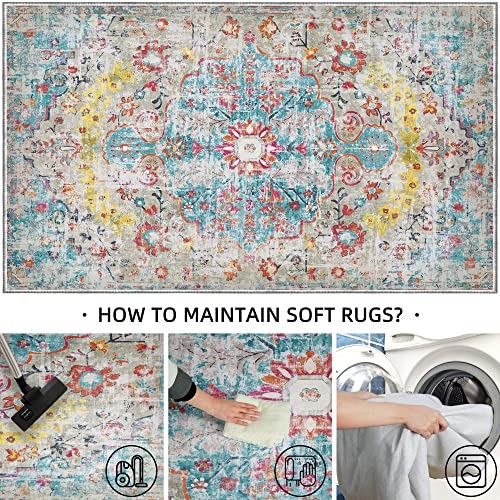Vintage Boho 8X10 Rug For Living Room, Traditional Blue Yellow Persian Rugs Distressed Carpet Non Slip Washable Floor Abstract Area Rug Living Room Bedroom Dining Home Office #TOP4