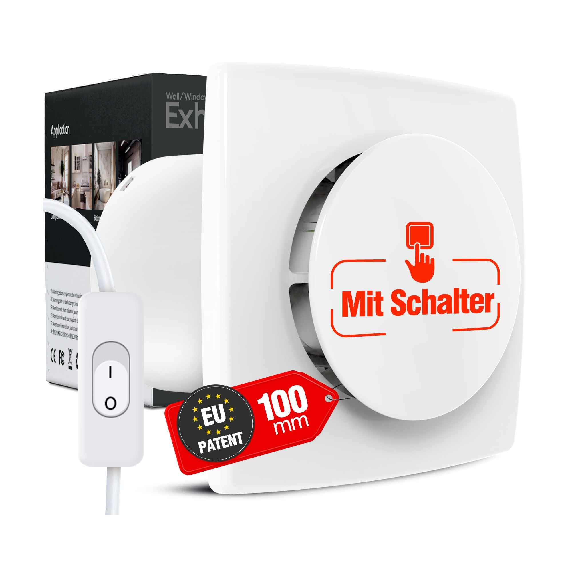 BUMSOU Badlüfter 100mm mit Schalter - 130m³/h Starker Lüftung Energiesparend WC Lüfter - Leiser Badezimmer Lüfter mit IPX4, Idealer Abluftventilator für Bad WC Keller Garage Küche