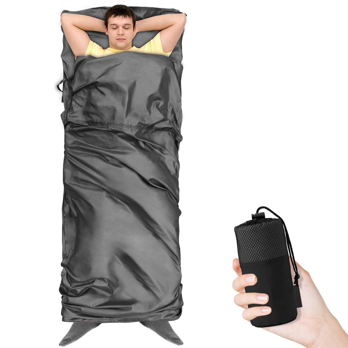 HAOYAO Sleeping Bag Liner, Sleep Bag Liner with Pillow Pocket, Camping Travel Sheet Ultra-Soft & Lightweight Portable Travel Sheet, Compact for Camping, Backpacking, Hotels, Grey