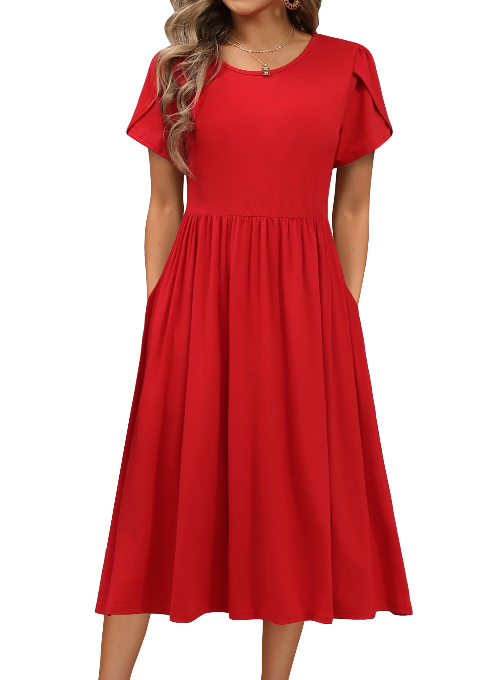 HOTOUCH Womens Summer Short Sleeve A-Line Midi Dresses Casual Floral T-Shirt Dress Flowy Beach Sundress with Pockets