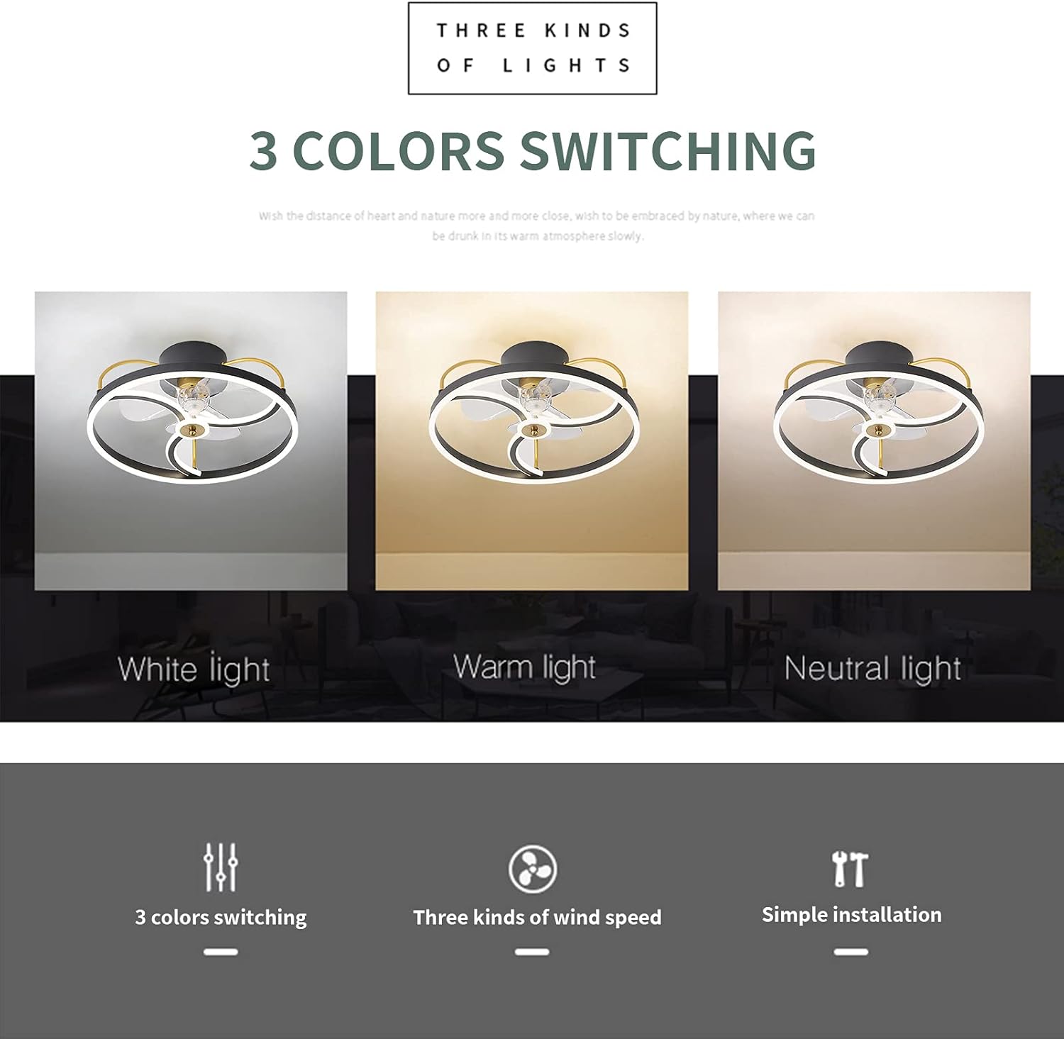 REYDELUZ Ceiling Fan with Lights,19.7In 51W,Remote Control 3 color temperatures,3 Gear Wind Speed fan light,Round Ceiling Lights with Fan for Bedroom,Living Room and Dining Room (Style-A) : Tools & Home Improvement