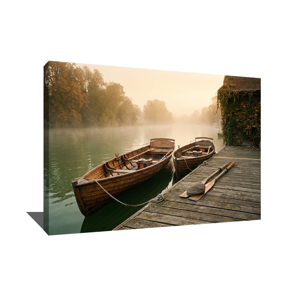 Alessio Cacciatore Quadro con foresta nebbiosa, poster decorativo da parete, barca, stampa su tela, paesaggio naturale, dipinto lago, decorazione da parete, tela decorativa, grande formato, 120 x 80