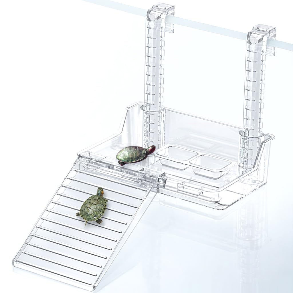 Qpets® Acrylic Hanging Turtle Basking Platform with Removable Walking Steps,Food and Water Bowls,Adjustable Hanging Reptile Resting Terrace for Fish Tank Aquarium Decor-picture-31