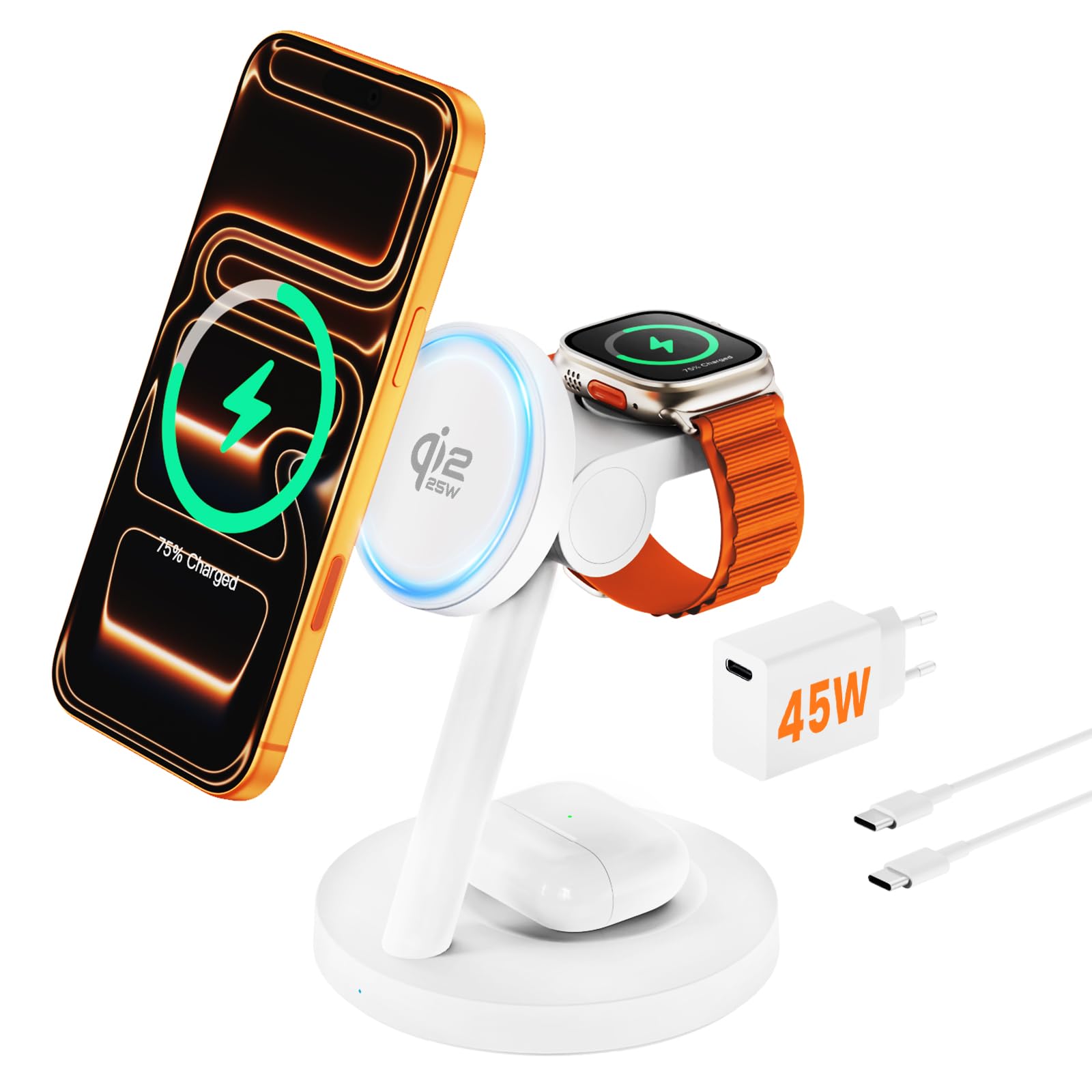 Induktion Ladestation für iPhone Qi2.2 25W – JoyGeek 4-in-1 Magnetisches Schnellladegerät für AirPods, Apple & Samsung Watch Ladegerät, Schreibtisch & Nachttisch + 45W Adapter