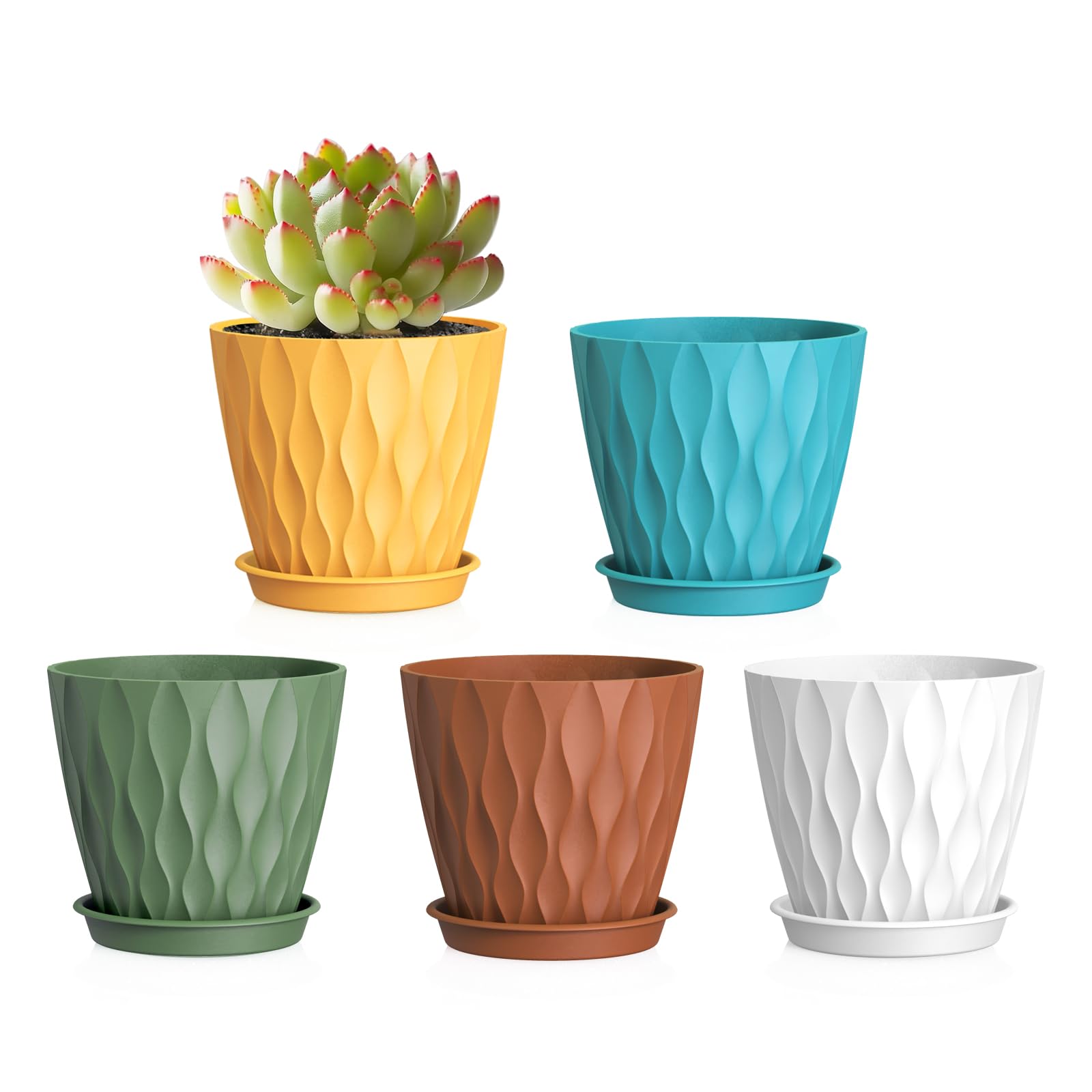 WSMKSZ 10.2 cm Plant Pots Indoor, 5 Pack Thick Plastic Flower Pots with Drainage Holes & Saucers, 3D Modern Wave Texture, Decorative Nursery Pots for Succulents, Herbs & Small House Plants, Multicolor