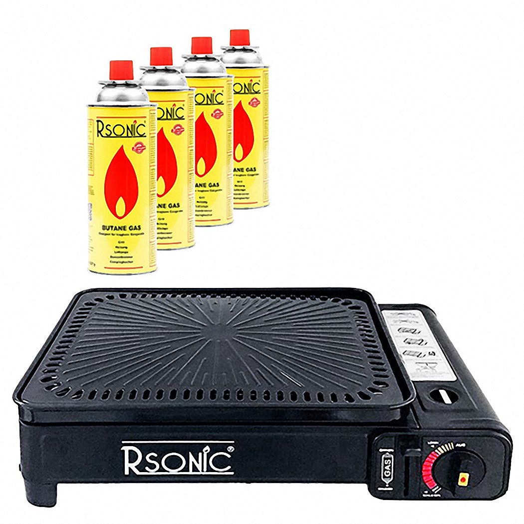 Camping gas roaster, gas barbecue, grill, portable, barbecue table grill, incl.Griddle, grill, BBQ skewers + 4 x gas cartridges + carry case (colour:Black, red or orange.