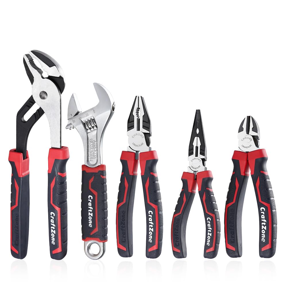 5-Piece Pliers & Wrench Set - Ideal Gift for Mechanics - Construction - Plumbing - Electrical Work - Includes 6" Long Nose & Diagonal Pliers - 8" Adjustable & Combo Wrench - 10" Groove Joint Plier