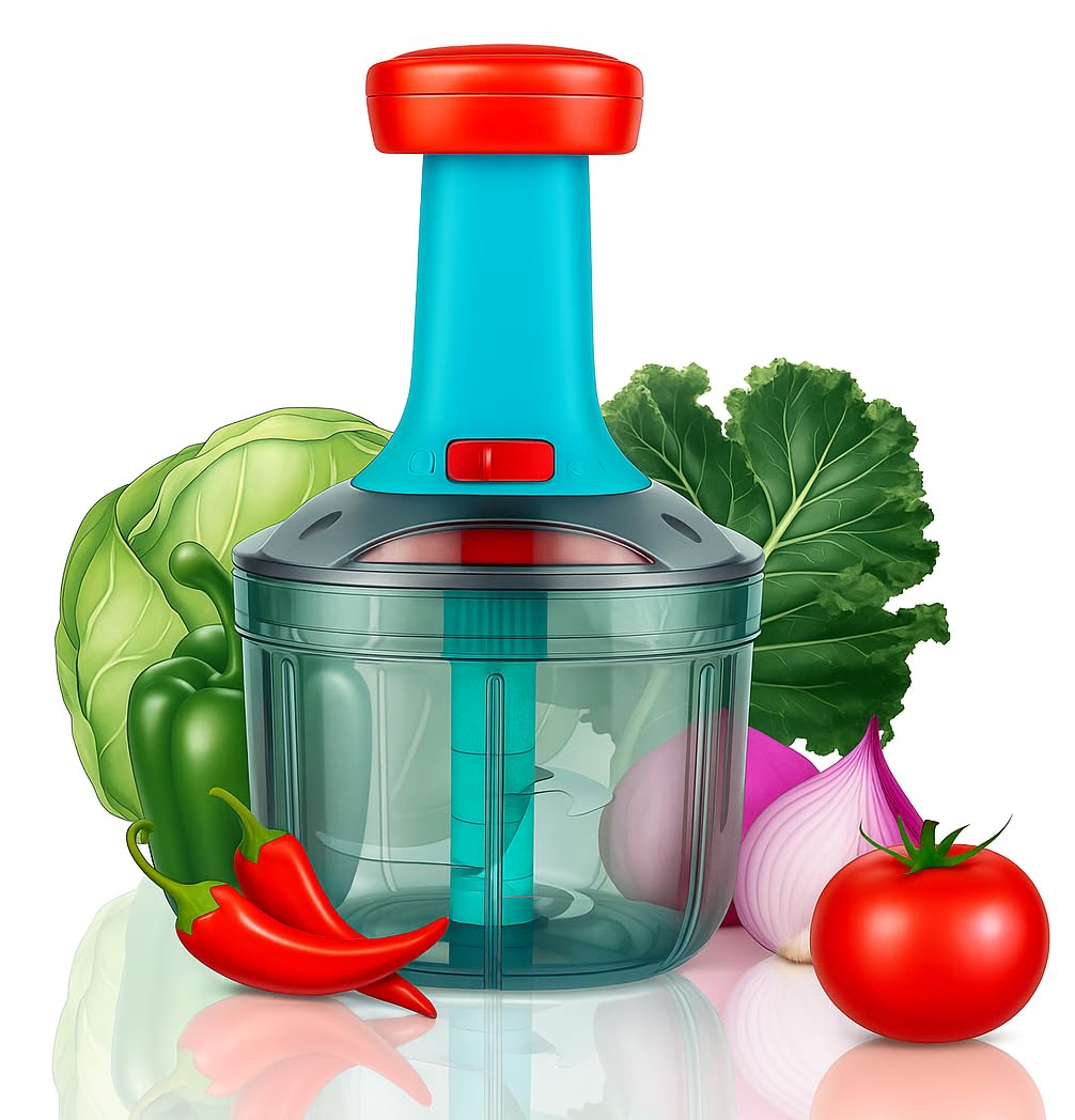 YOUONE Food Chopper 1000ml, 4 Blade Steel Large Manual Hand-Press Vegetable Chopper Mixer Cutter to Cut Onion, Salad, Tomato, Potato (Blue)-image-15