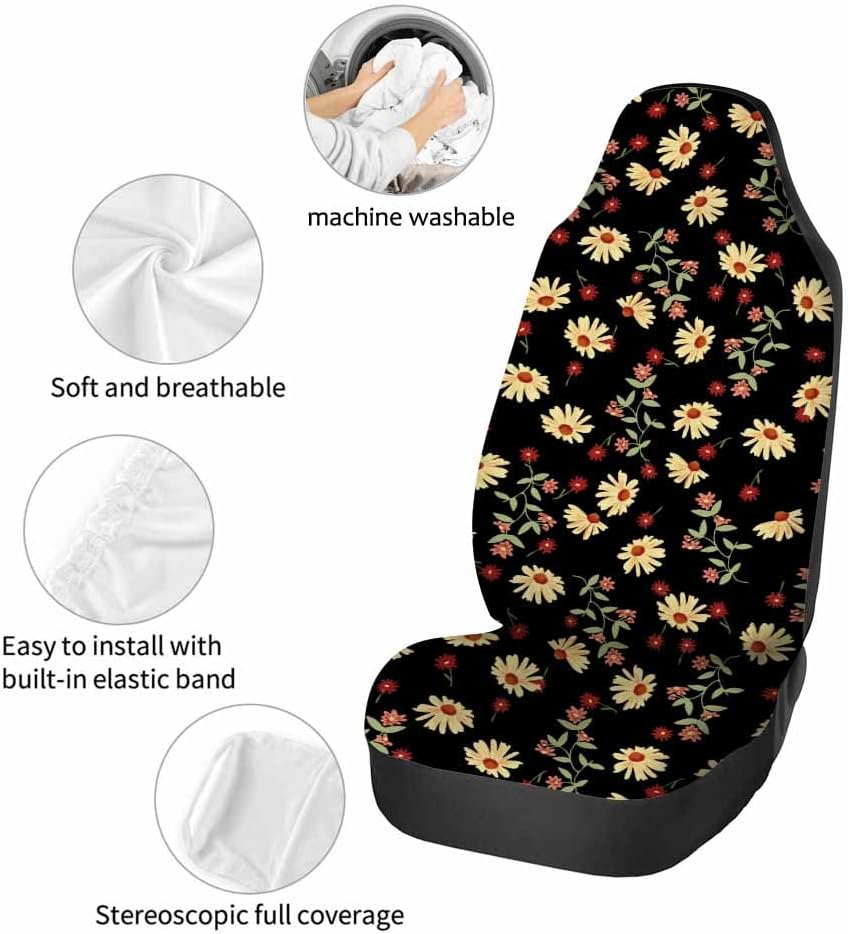 Yellow Daisies Flower Front Car Seat Covers 2pc,Autumn Vintage Red Orange Flowers Automotive Seat Covers Car Accessories for Women Car Seat Protector Universal Size Fit for Cars,SUVs&Trucks