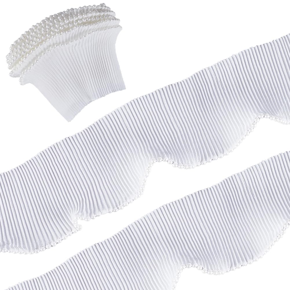 GORGECRAFT 5M 73mm White Pearl Trim Organza Lace Ribbon Ruffle Chiffon Pleated Edge Satin Gathered Edging Trimmings Tulle Fabric for Cloth Wedding Dress Applique Embellishment Diy Sewing Craft