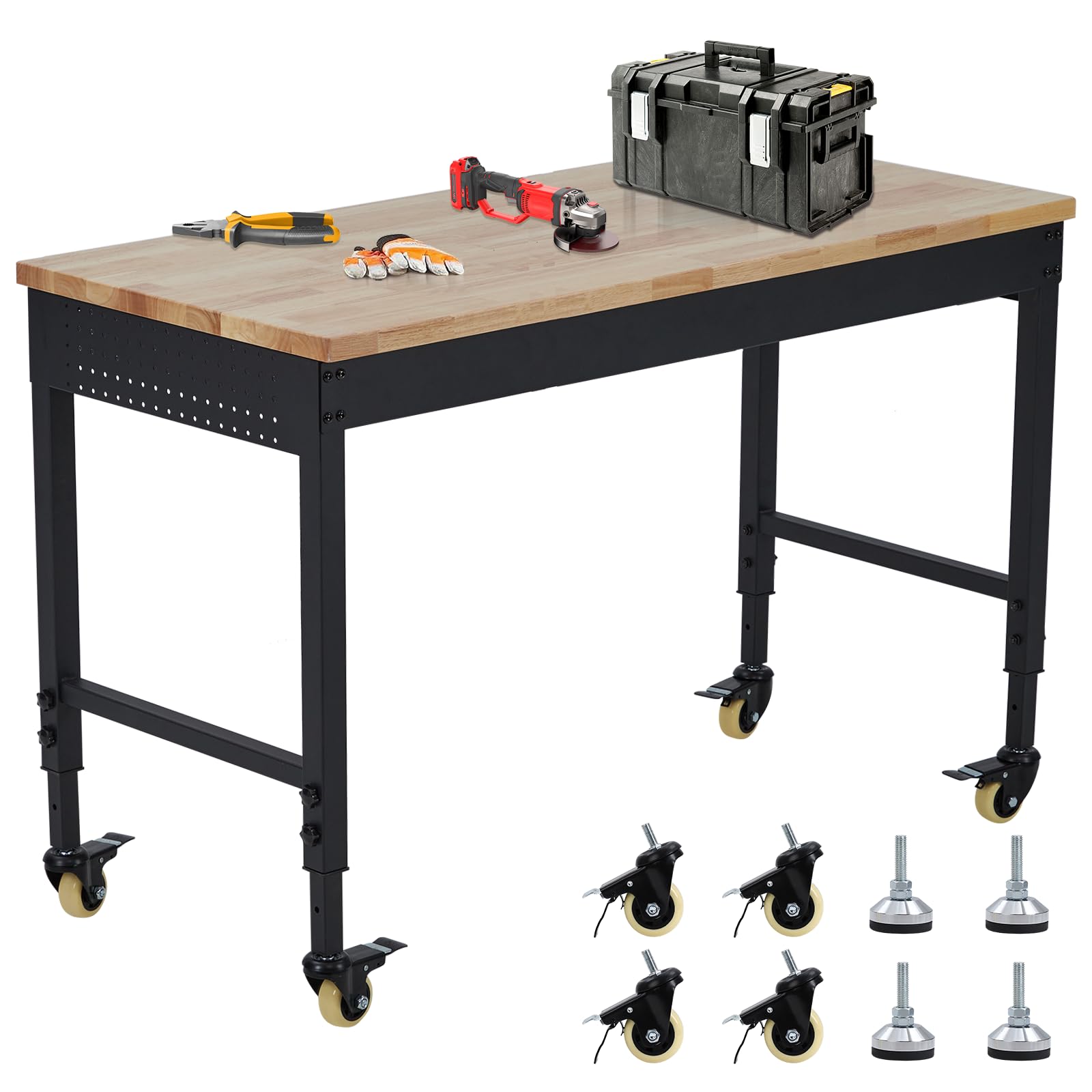72" x 25" Adjustable Height Workbench, Heavy Duty Rubberwood Top, Mobile Workstation with Power Outlets, Locking Wheels, 2000 lb Capacity for Garage,