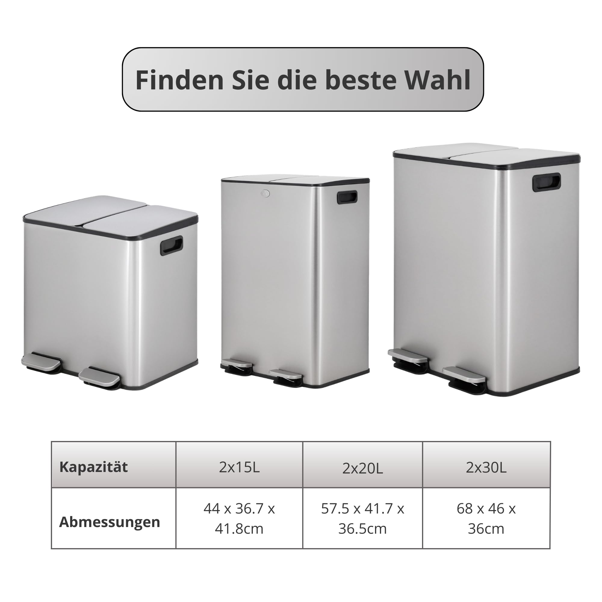 Mülleimer Küche, 2 x 30 L, 2 Fächer, Doppel-Mülleimer, Anti-Fingerabdruck-Edelstahl, mit Soft-Close-Deckel und Pedal, Enthält 20 Müllbeutel, Separate Fächer für Recycling und Müll
