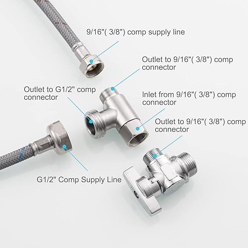 Miniatura 5 de 2 adaptadores en T de 3 vías 38" x 12" válvula de tope angular de acero inoxidable para inodoro, níquel cepillado, SBA020B-2