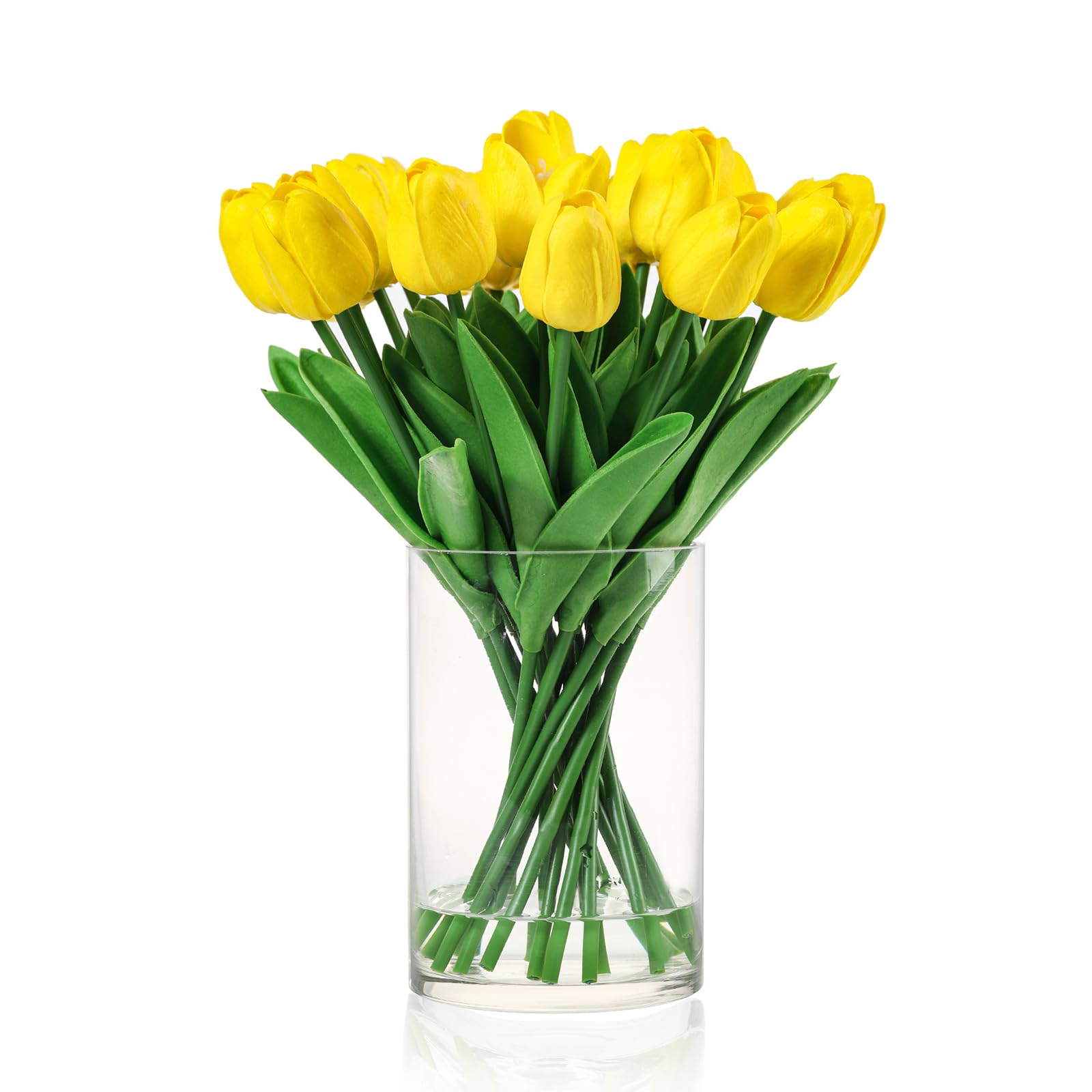 Künstliche Tulpen in Vase, künstliche Tulpen mit Vase und künstlichem Wasser, für Heimdekoration, Esstisch, Gelb, 20 Stück