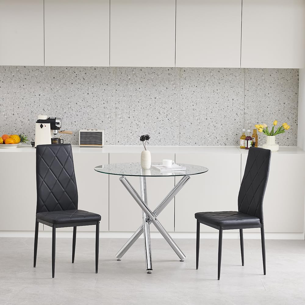 Pantanal 90cm Round Glass Dining Table and Leather Chairs Set of 2, Modern 3 Pieces Compact Kitchen Table with 2 Argyle Grid Chairs for Dinette Restaurant Small Space