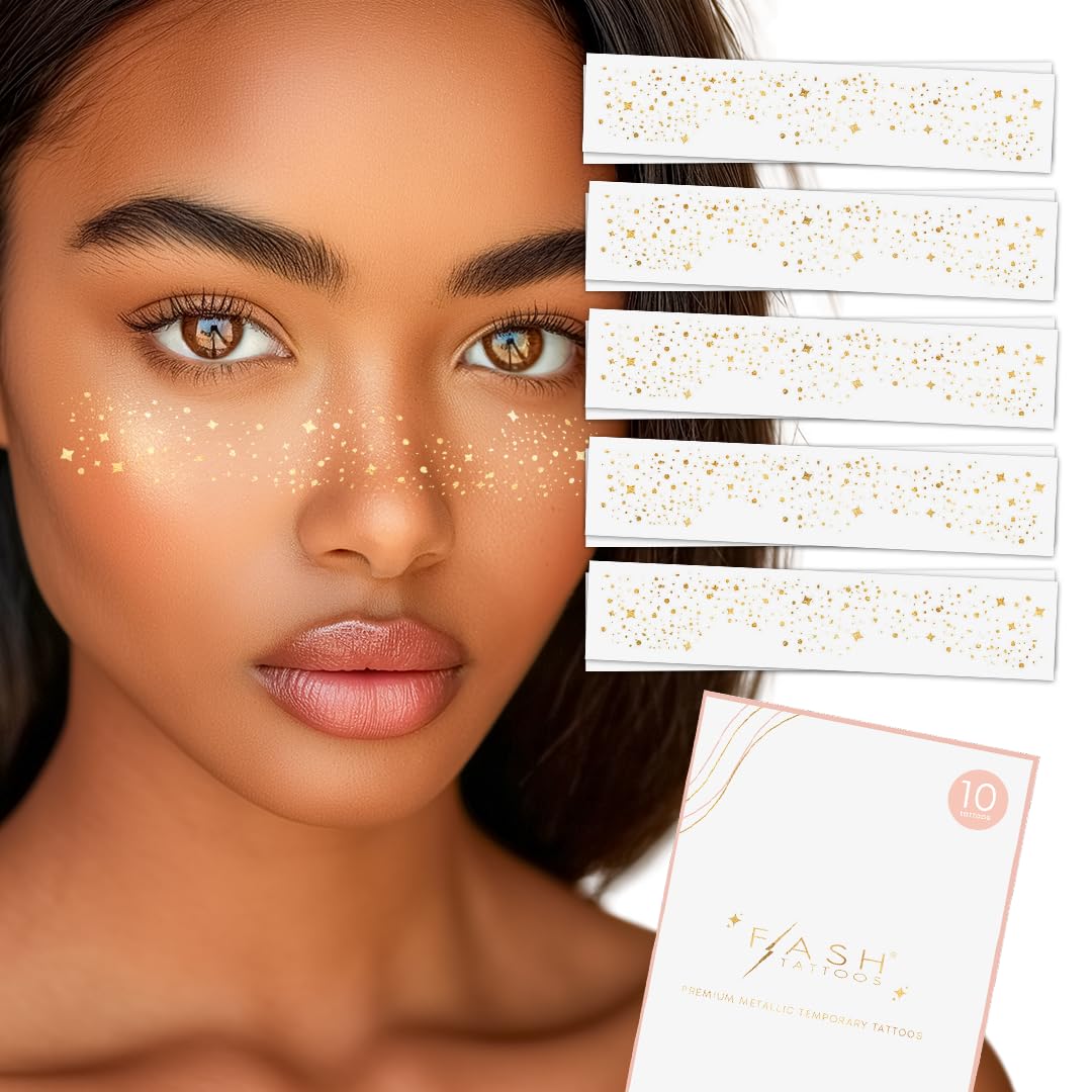Flash Tattoos GALACTIC GOLD Glitter Freckles Face Tats - 10 Premium Waterproof Metallic Makeup Beauty Patches with Cosmic Twinkles & Celestial Shimmer