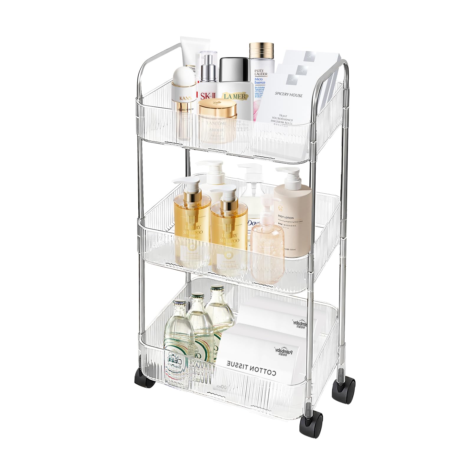 3 Tier Rolling Storage Cart, Rolling Carts with Wheels Clear Bathroom Cart Organizer Rolling Utility Cart, Mobile Shelving Unit Utility Rolling Cart for Office Living Room