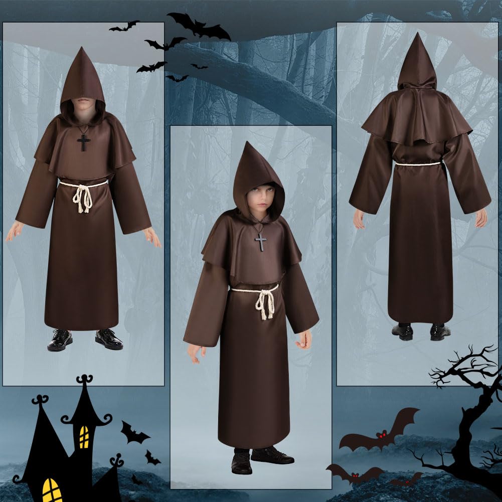 AUYAO Costume da Monaco Bambino, Medievale Halloween Monaco Sacerdote Accappatoio, Cosplay Costume Robe Mantello con Cappuccio, Abito Costume Monaco Saio Vestito da Monaco per Halloween Carnevale