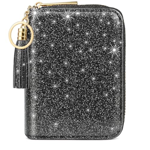 Carteira Feminina Elegante - Preta com Glitter - Porta Cartão, 9 Compartimentos e Zíper Seguro – Minimalista para Viagem e Dia a Dia