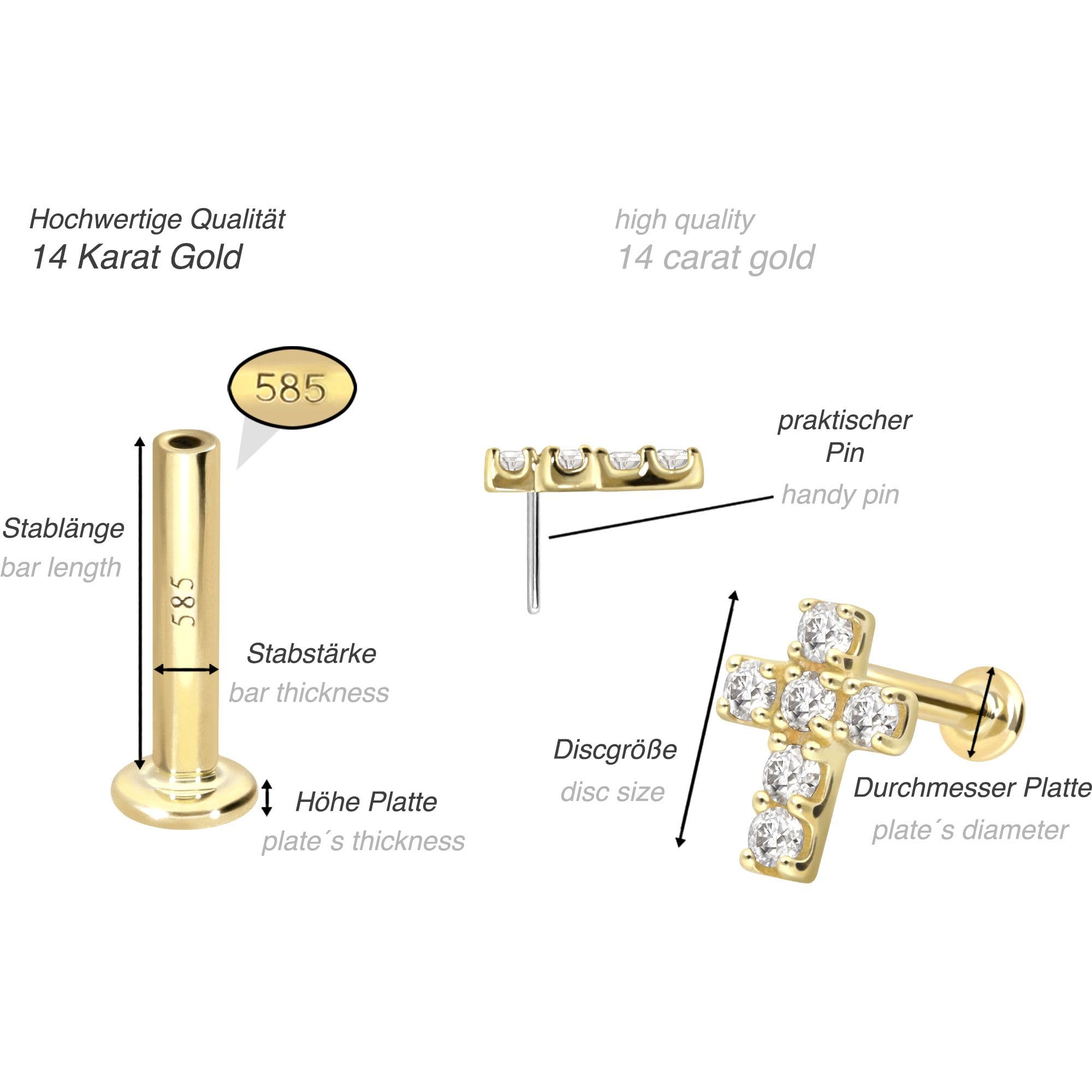 PIERCINGLINE Piercing Stecker 14 Gold Labret mit Push Fit MOISSANIT-KREUZ 585er Gold - Roségoldfarben, Goldfarben, Silberfarben